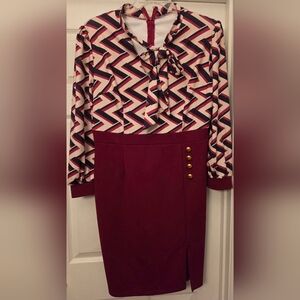 Amazon Zigzag Long Sleeve Dress in Burgundy and Cream